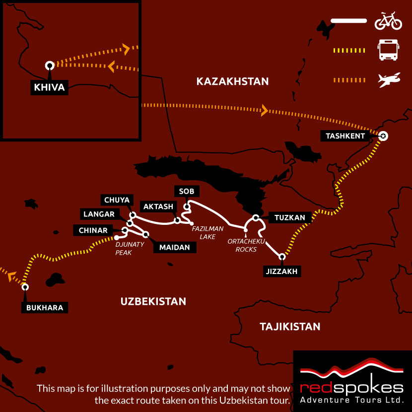 Example route for this Uzbekistan cycling holiday